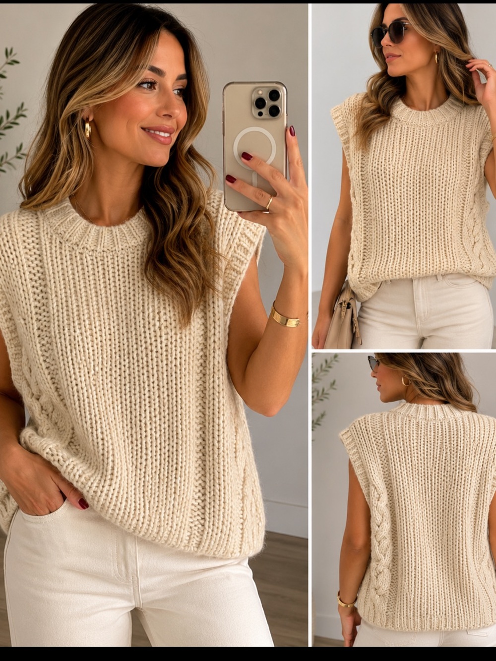 ZARA Chunky Knit Sleeveless Sweater Vest Cream L NWT